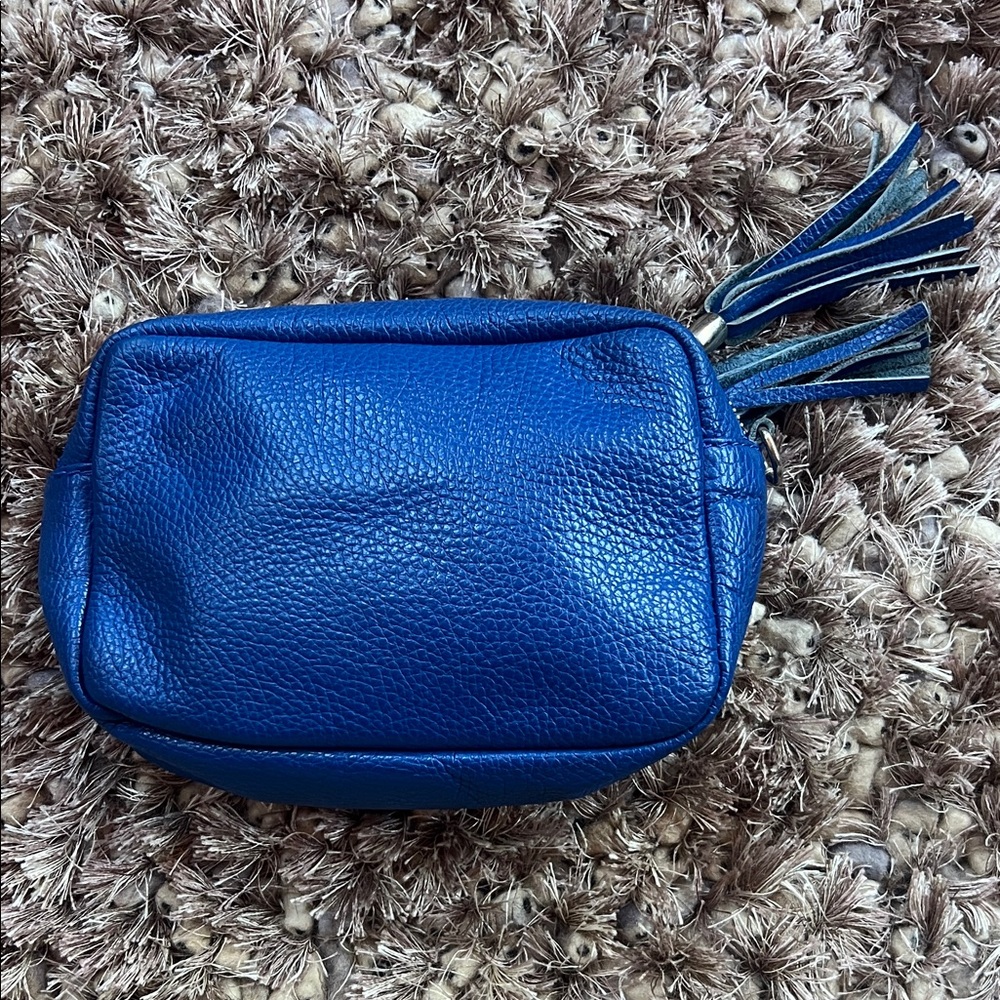 Blue Italian Leather Clutch with Tassel Accents